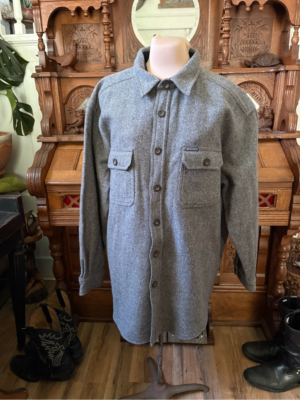Men's Gray 100% Wool Button-Up Shirt Jacket
